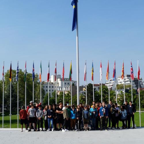 SchülerInnen vor der Flagge des Europarats