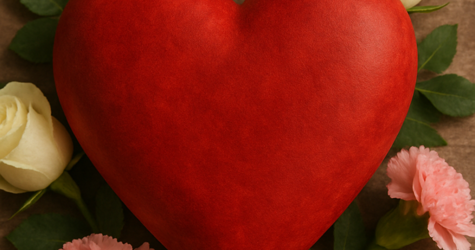 KI generiertes Bild eines roten Herzen mit Rosen und Nelken